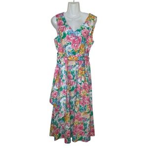 Anne Klein Colorful Floral Waist Belted Midi Dress with pockets sz M